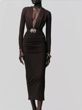 Zara Chocolate Brown Plunge Ruched Midi Dress with Embellished Waist